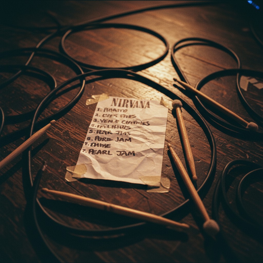 A white piece of paper with writing sits on top of a dark wooden surface. There are two large cylindrical strands to the t...