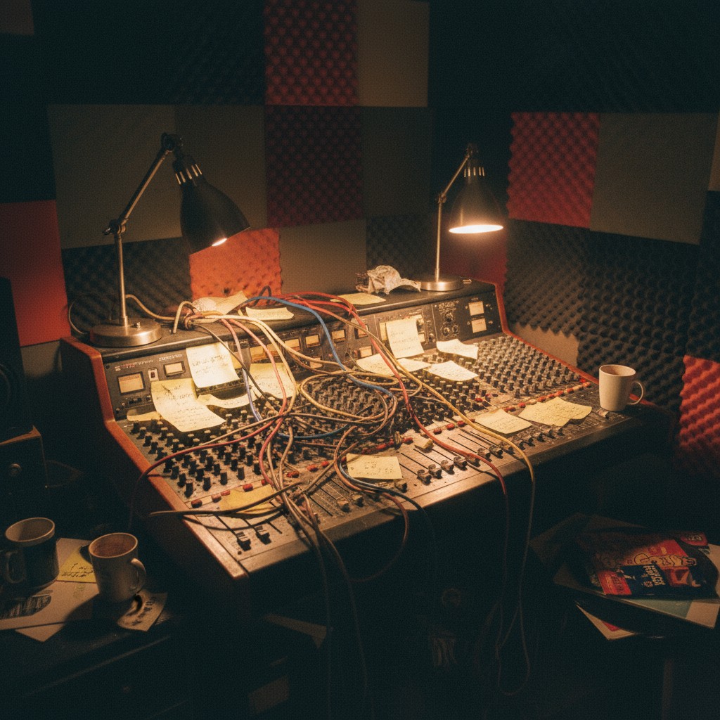 A darkened room features a cluttered mixing board with tangled cables, lamps, coffee mugs, and a cover sheet for a record ...