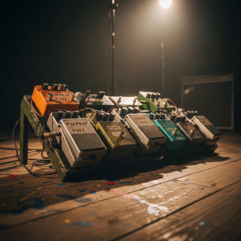 fuzz pedals, guitar effects, musical equipment, background including outdoor scene of outdoor lights at night in an indust...