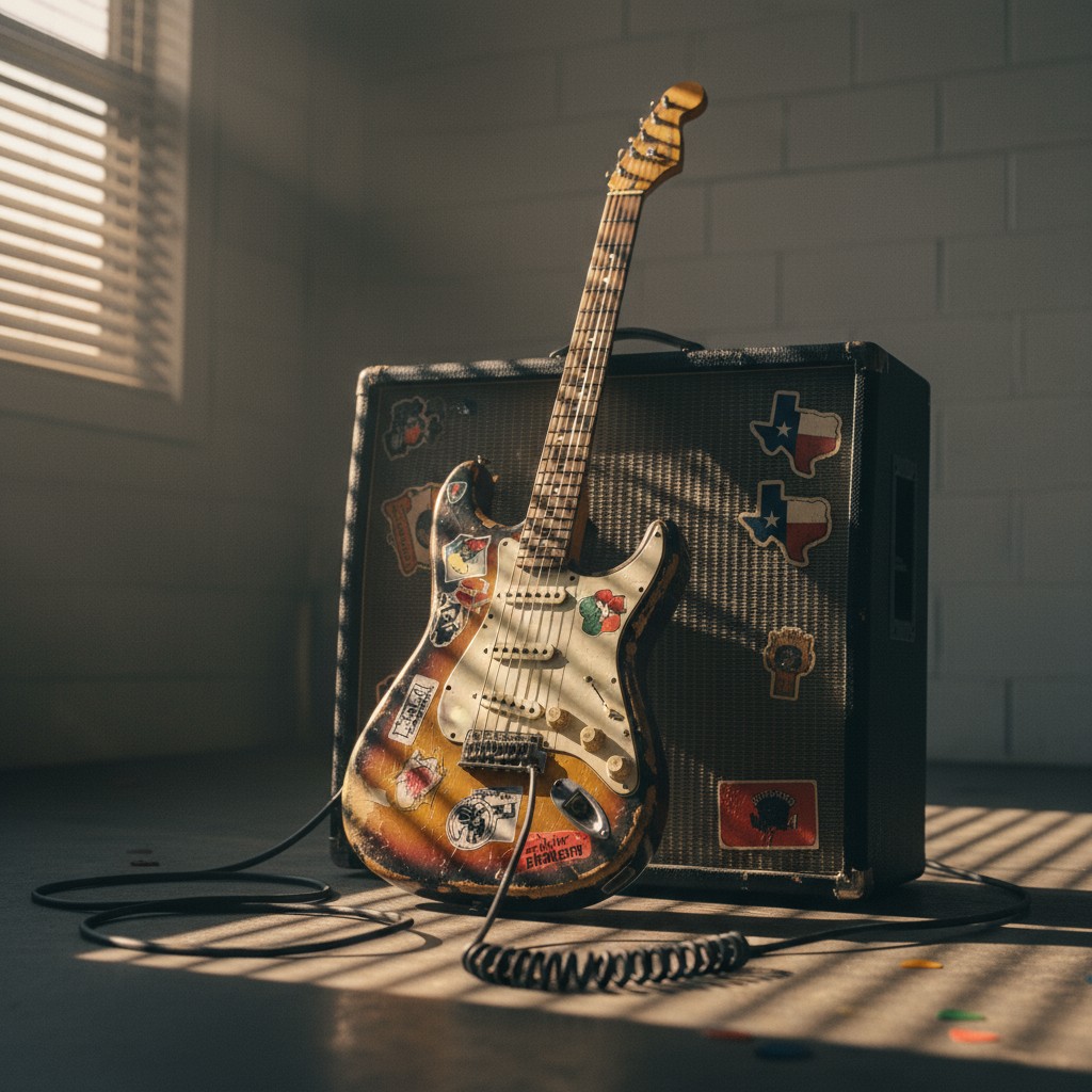 A vintage electric guitar leans against an old school black amp setup in a dimly lit room, partially bathed in sunlight th...